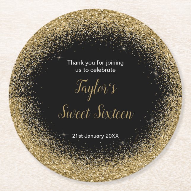 Posavasos Redondo De Papel Dorado Vestido Faux Purpurina Dulce 16 Cumpleaños (Anverso)