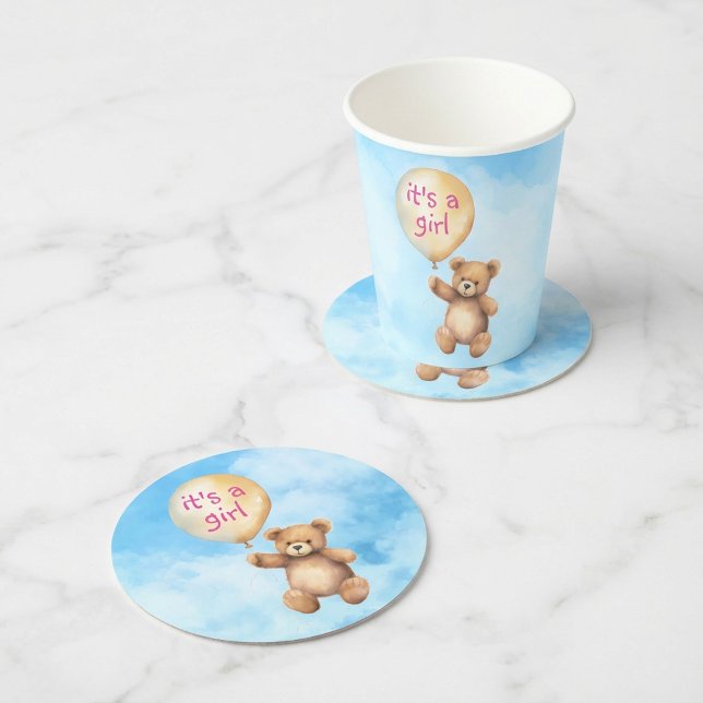 Posavasos Redondo De Papel Ducha con globo flotante de oso de peluche (Cute teddy bear girl floating balloon baby shower round paper coaster.)