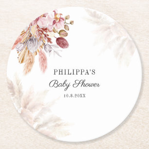 Posavasos Redondo De Papel Ducha de Bebé Niña Boho con Pasto de Pampas