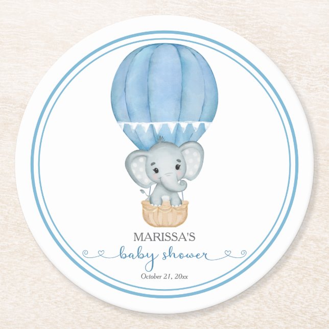 Posavasos Redondo De Papel Ducha de niño bebé elefante azul (Anverso)
