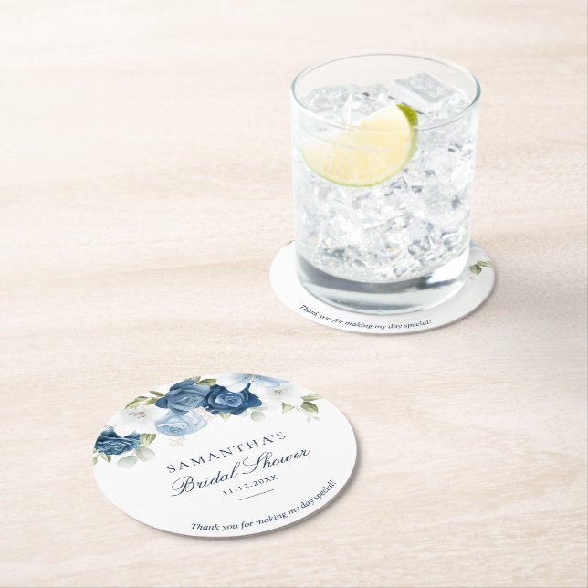Posavasos Redondo De Papel Ducha de Novia con Guion Floral Acuarela Azul Polv (In situ)