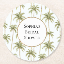 Posavasos Redondo De Papel Ducha de Novia con Palmeras Blancas Verdes Tropica