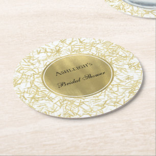Posavasos Redondo De Papel Ducha de Novia Confeti Glam Oro Blanco