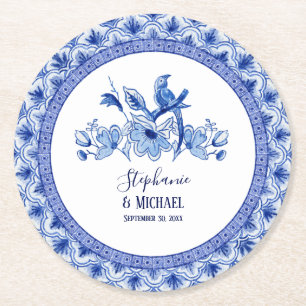 Posavasos Redondo De Papel Ducha nupcial Azul Chinoiserie Ave Floral