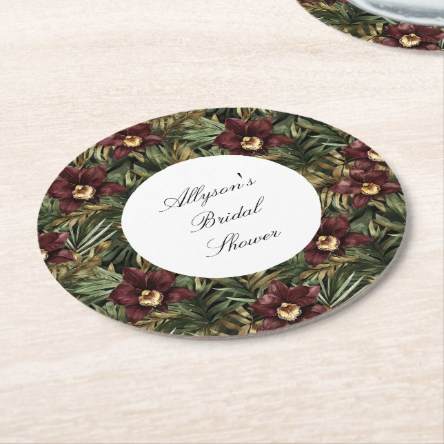 Posavasos Redondo De Papel Ducha nupcial floral de orquídeas rojas tropicales (En perspectiva)