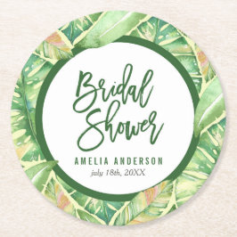 Posavasos Redondo De Papel Ducha tropical nupcial, hojas de color verde