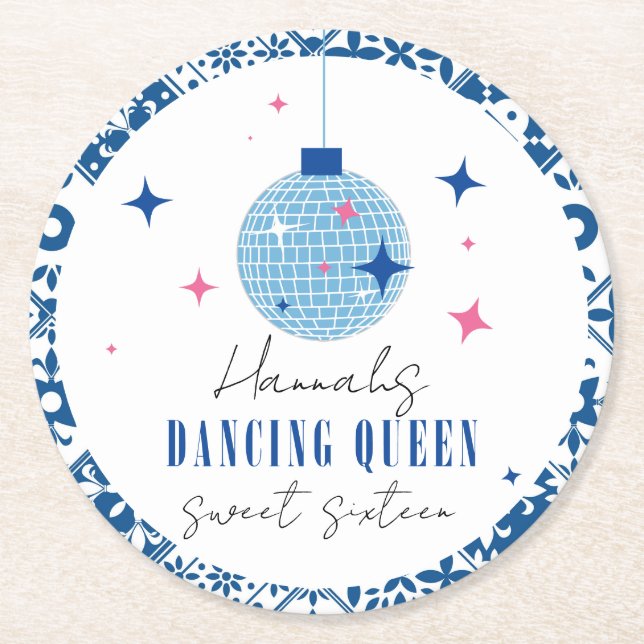 Posavasos Redondo De Papel Dulce 16 mamma mia Dancing Queen griega disco (Anverso)