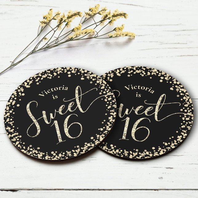 Posavasos Redondo De Papel Dulce 16 Purpurina de oro negro Moda Confetti Cump (Subido por el creador)