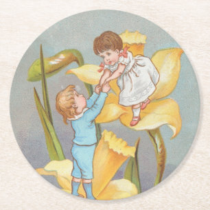Posavasos Redondo De Papel Dulce Cute San Valentín retro, niños y narcisos