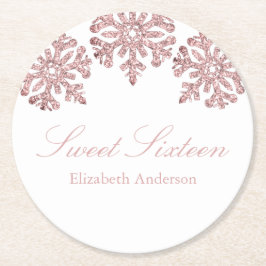 Posavasos Redondo De Papel Dulce de invierno con copo de nieve rosa de oro 16