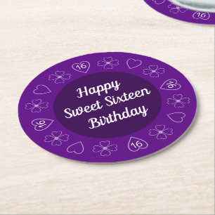 Posavasos Redondo De Papel Dulce Feliz Cumpleaños 16 Morado Festivo
