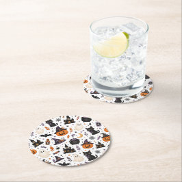 Posavasos Redondo De Papel Dulce patrón sin fisuras de Halloween con gatos ne