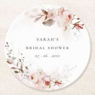Posavasos Redondo De Papel Dusky Fall Marsala Rubor Floral Bridal Shower