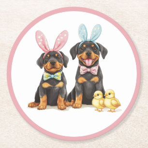 Posavasos Redondo De Papel Easter Rottweiler Dogs Bunny Ears