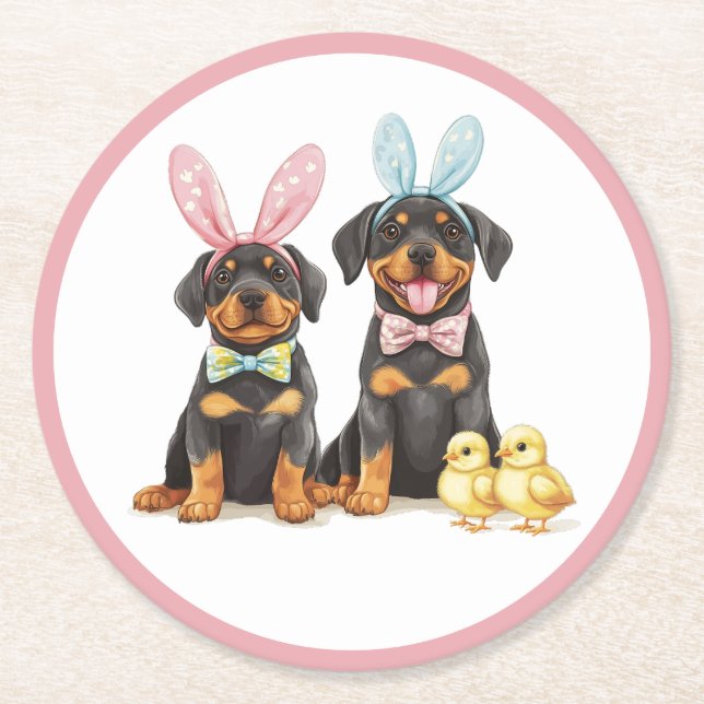 Posavasos Redondo De Papel Easter Rottweiler Dogs Bunny Ears (Anverso)