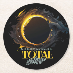 Posavasos Redondo De Papel Eclipse solar total 2024 Tu estado de ciudad negro
