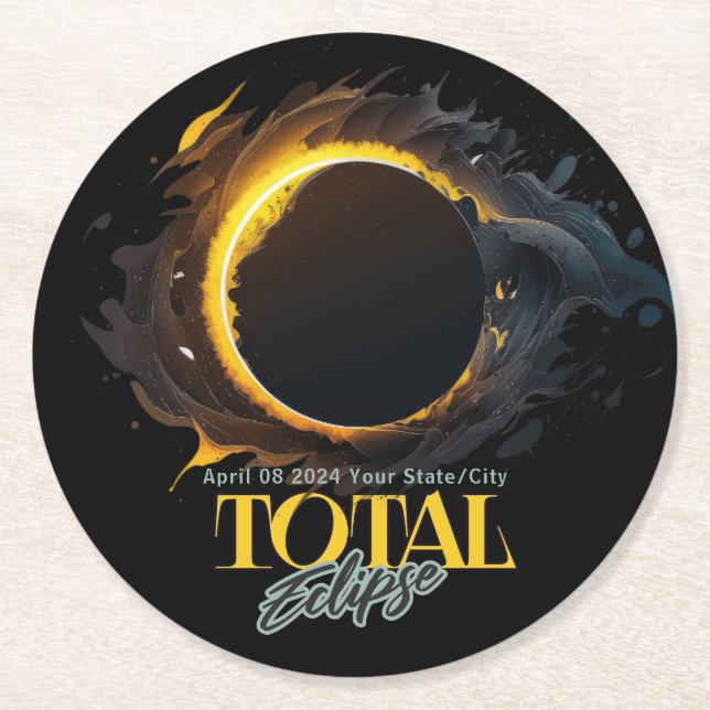 Posavasos Redondo De Papel Eclipse solar total 2024 Tu estado de ciudad negro (Anverso)