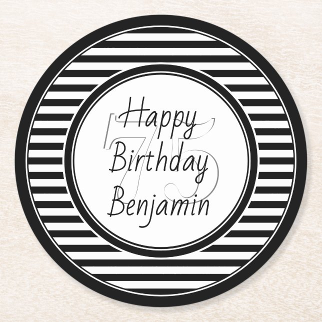 Posavasos Redondo De Papel Edad sutil franjas blanco y negra Feliz cumpleaños (Anverso)
