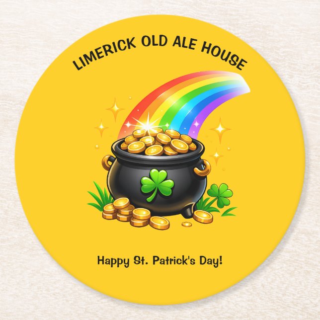 Posavasos Redondo De Papel Editable Pot of Gold St Patricks Day (Anverso)