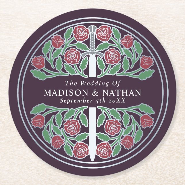 Posavasos Redondo De Papel Eggplant Royal Medieval Silver Sword Wedding (Anverso)