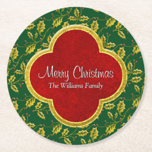 Posavasos Redondo De Papel El acebo clásico del navidad personaliza