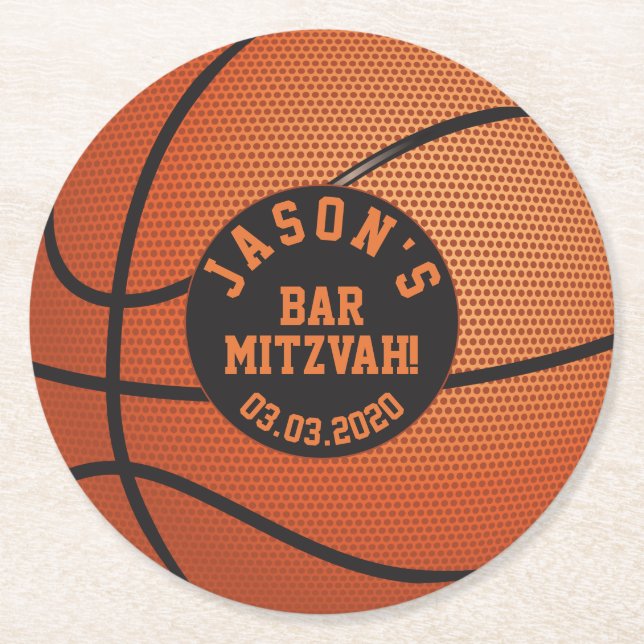 Posavasos Redondo De Papel El bar de baloncesto personalizado Mitzvah Naranja (Anverso)