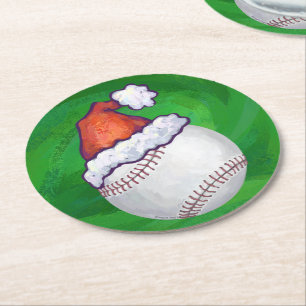 Posavasos Redondo De Papel El béisbol en Santa Hat en Green