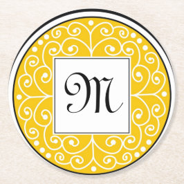 Posavasos Redondo De Papel El blanco negro amarillo con monograma remolina