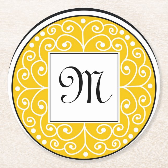 Posavasos Redondo De Papel El blanco negro amarillo con monograma remolina (Anverso)