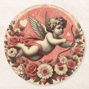 Posavasos Redondo De Papel El día de San Valentín clásico/vintage/retro cupid