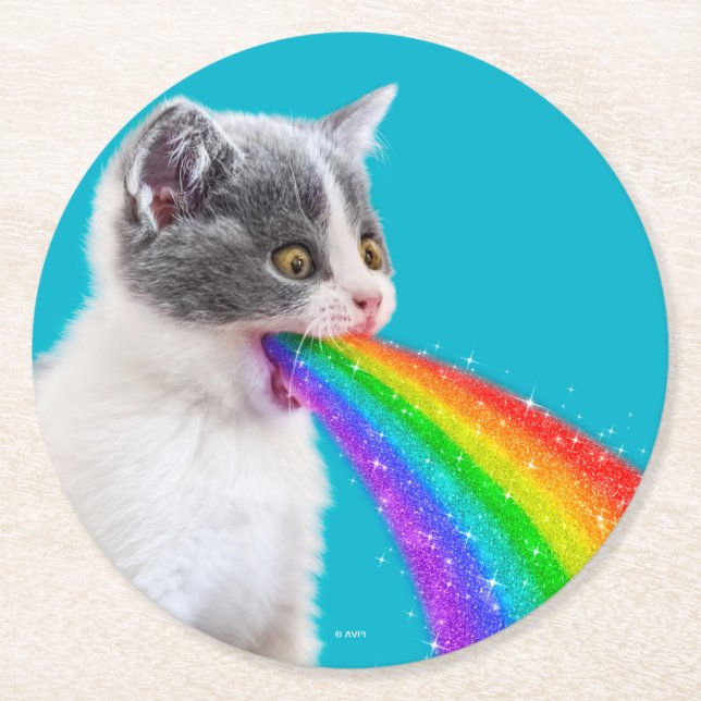 Posavasos Redondo De Papel El gatito derrama el arcoiris (Anverso)