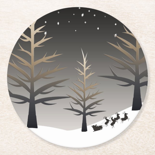 Posavasos Redondo De Papel El trineo de Santa y silueta del árbol (Anverso)