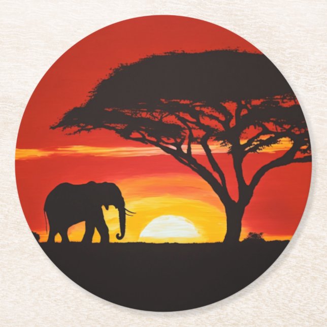 Posavasos Redondo De Papel Elefante africano al atardecer (Anverso)