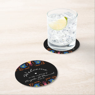 Posavasos Redondo De Papel Elefante Indio Floral Boda Negro   