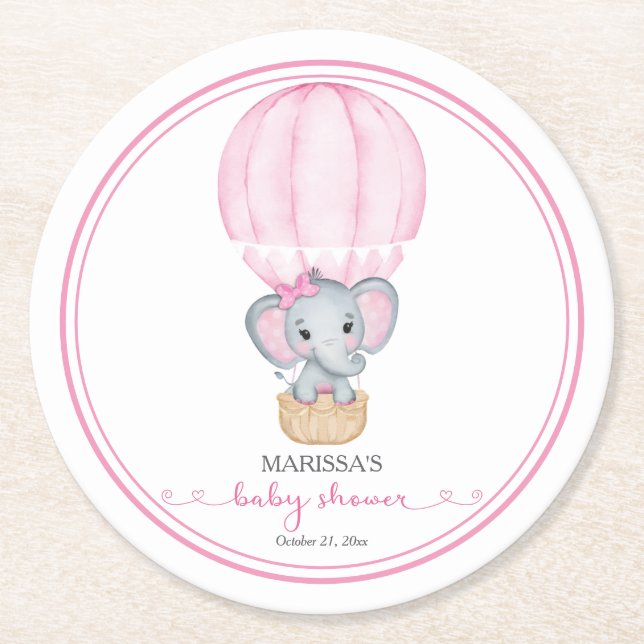 Posavasos Redondo De Papel Elefante Rosa Bebé Chica Ducha (Anverso)
