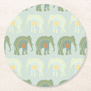 Posavasos Redondo De Papel Elefante y Mandala en Verde Claro