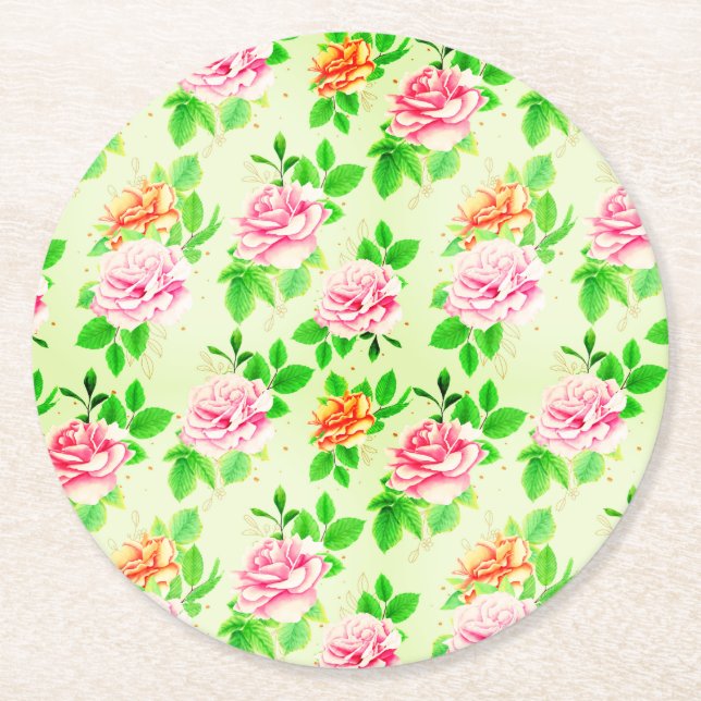 Posavasos Redondo De Papel Elegant Floral Roses Green Leaves Pattern-23675 (Anverso)