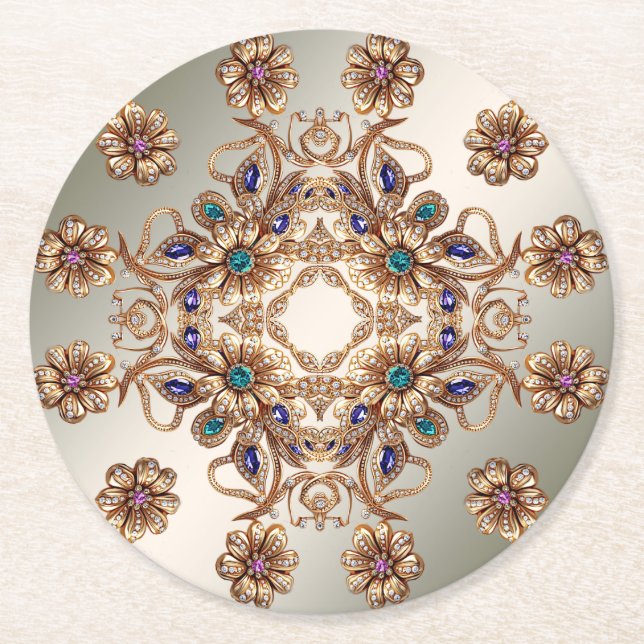 Posavasos Redondo De Papel Elegant Gold Jewel Flowers Paper Coaster (Anverso)