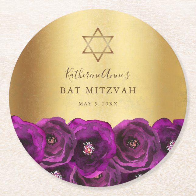 Posavasos Redondo De Papel Elegant Magenta Pink Rose Floral Gold Bat Mitzvah (Anverso)