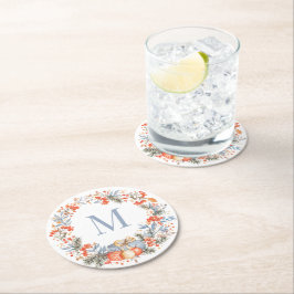 Posavasos Redondo De Papel Elegant Monogram Wreath Dusty Blue Modern