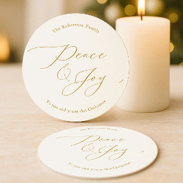 Posavasos Redondo De Papel Elegant Peace & Joy Gold Script Christmas