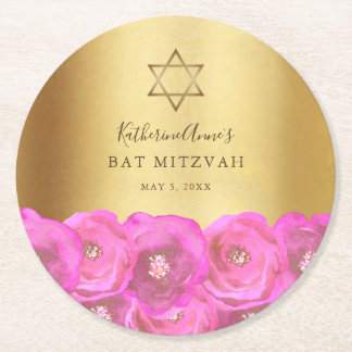 Posavasos Redondo De Papel Elegant Pink Rose Floral Gold Bat Mitzvah