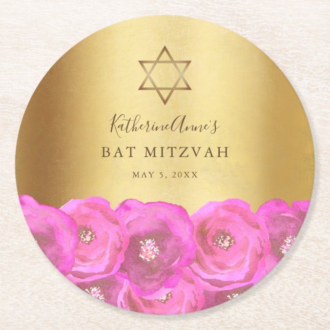 Posavasos Redondo De Papel Elegant  Pink Rose Floral Gold Bat Mitzvah (Anverso)