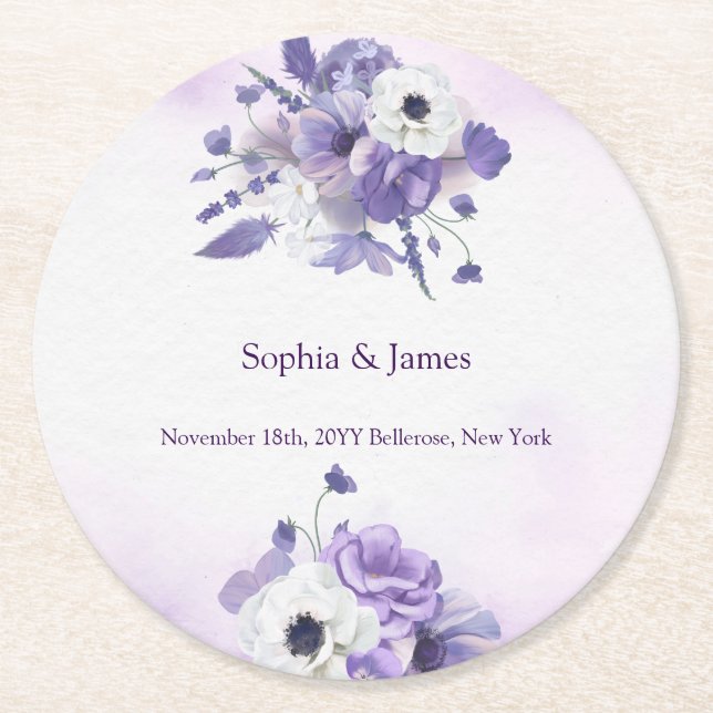 Posavasos Redondo De Papel Elegant Purple Watercolor wedding (Anverso)