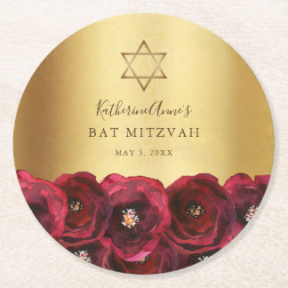 Posavasos Redondo De Papel Elegant  Red Rose Floral Gold Bat Mitzvah