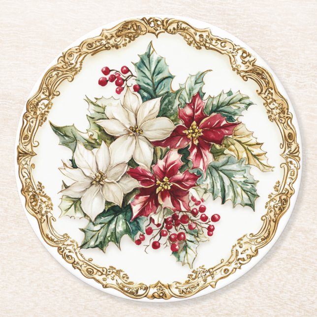 Posavasos Redondo De Papel Elegant Rococo Floral Poinsettia Holiday Dining  (Anverso)