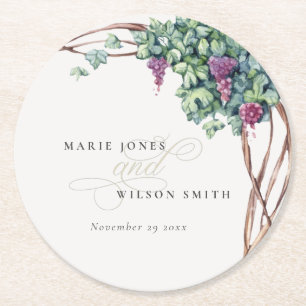 Posavasos Redondo De Papel Elegante acuarela Grapevine Foliage Boda