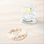 Posavasos Redondo De Papel Elegante acuarela otoño deja matrimonio personaliz<br><div class="desc">Hermosas hojas de acuarela audaz decoran encima y debajo de sus nombres en esta montaña de papel boda boho de otoño. Unas bonitas tonalidades de rojo,  naranja y marrón forman las bromas botánicas que salen de la cima y del fondo de esta decoración crema.</div>
