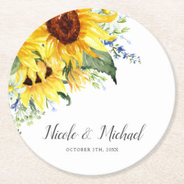 Posavasos Redondo De Papel Elegante acuarela Sunflowers Boda personalizada