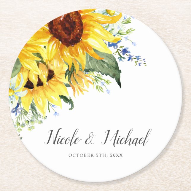 Posavasos Redondo De Papel Elegante acuarela Sunflowers Boda personalizada (Anverso)